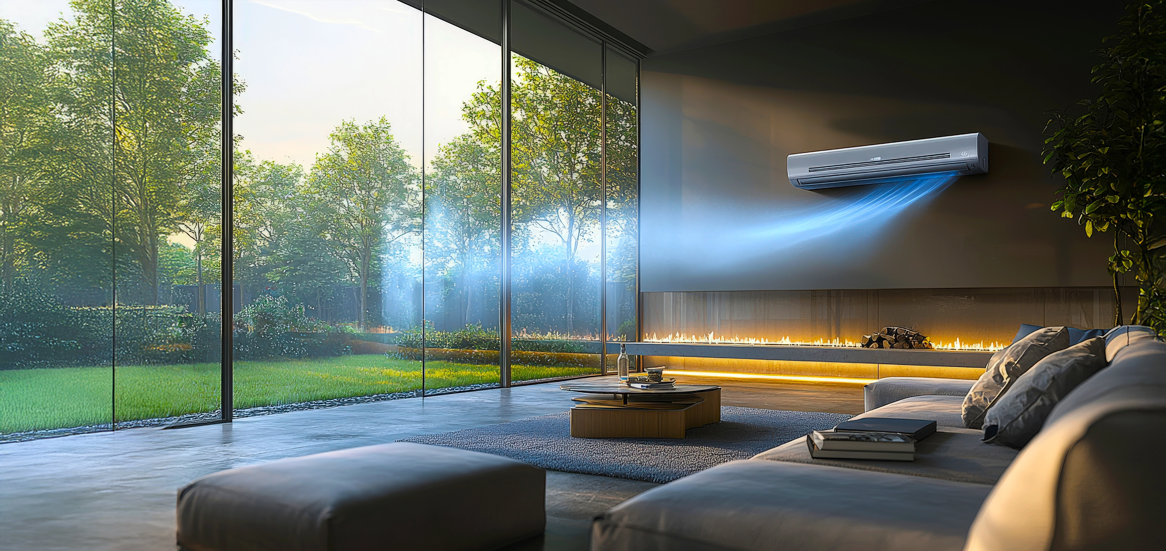 Woonkamer met airco aan de muur
