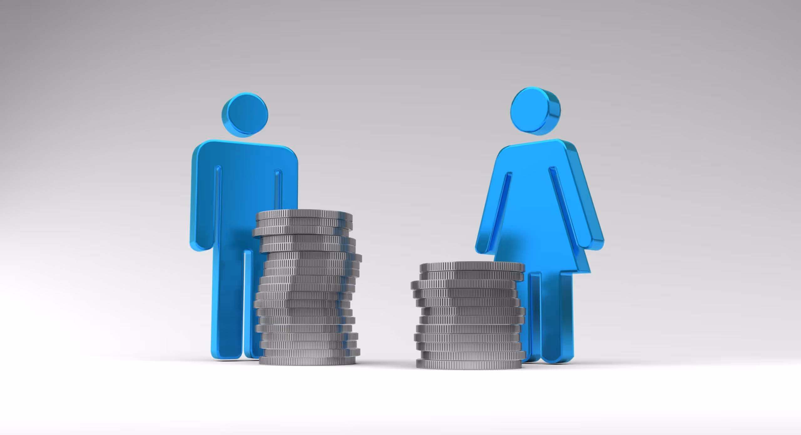 Stack of coins in front of men's bathroom symbol and shorter stack of coins in front of women's bathroom symbol|Stack of coins in front of men's bathroom symbol and shorter stack of coins in front of women's bathroom symbol