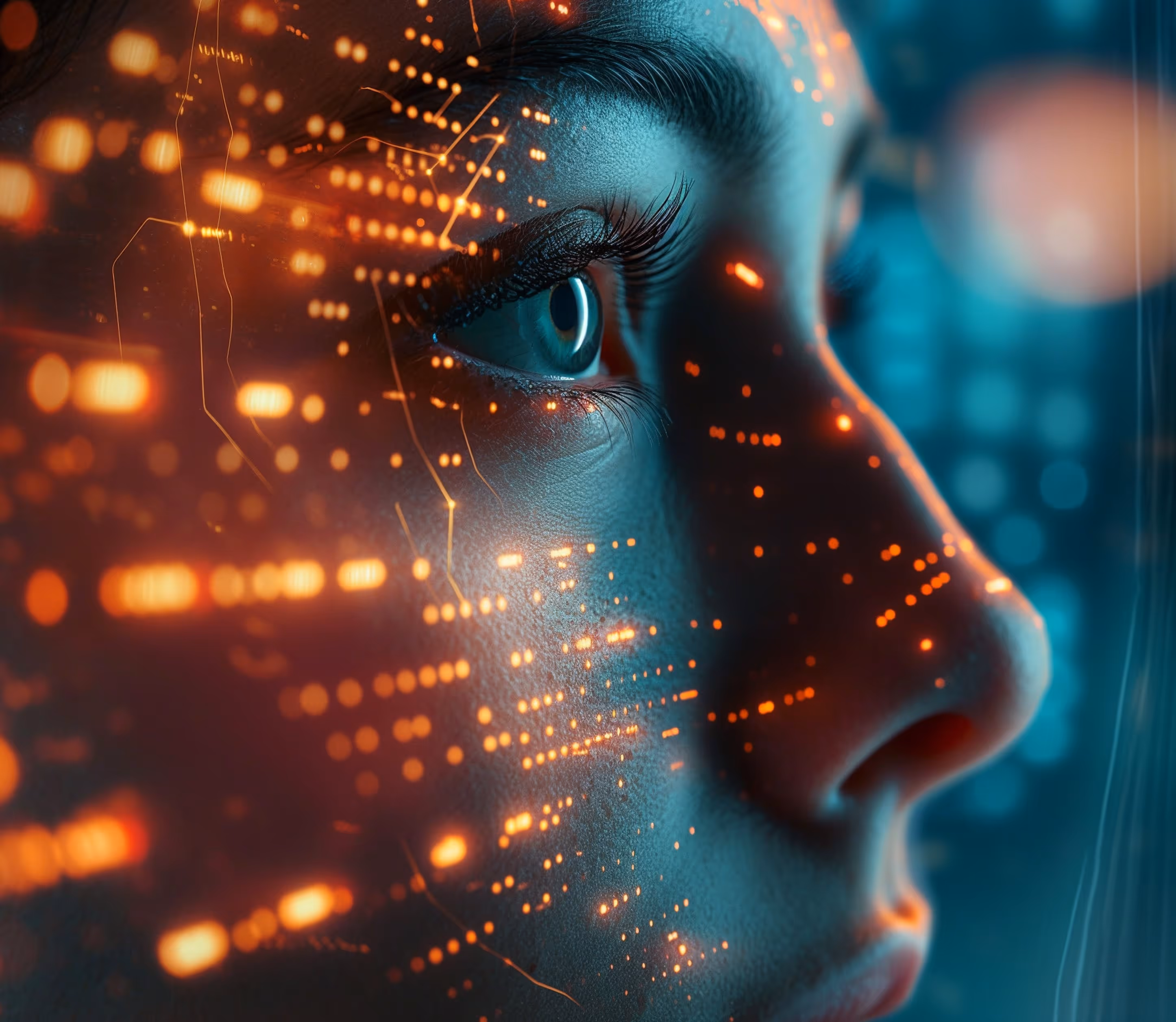 A close up of a person's face with glowing lights.