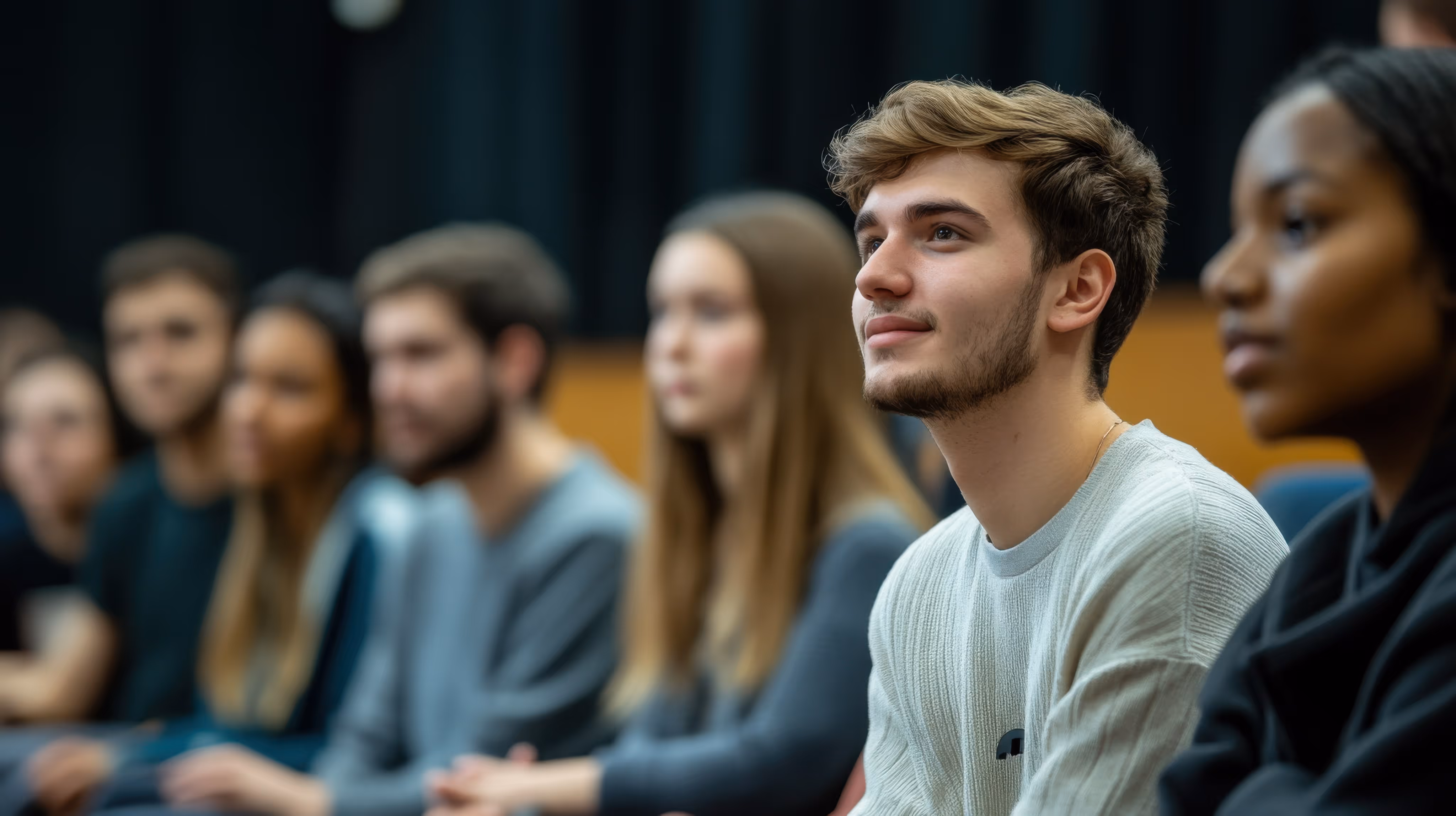 A group of people sitting in a lecture hall.