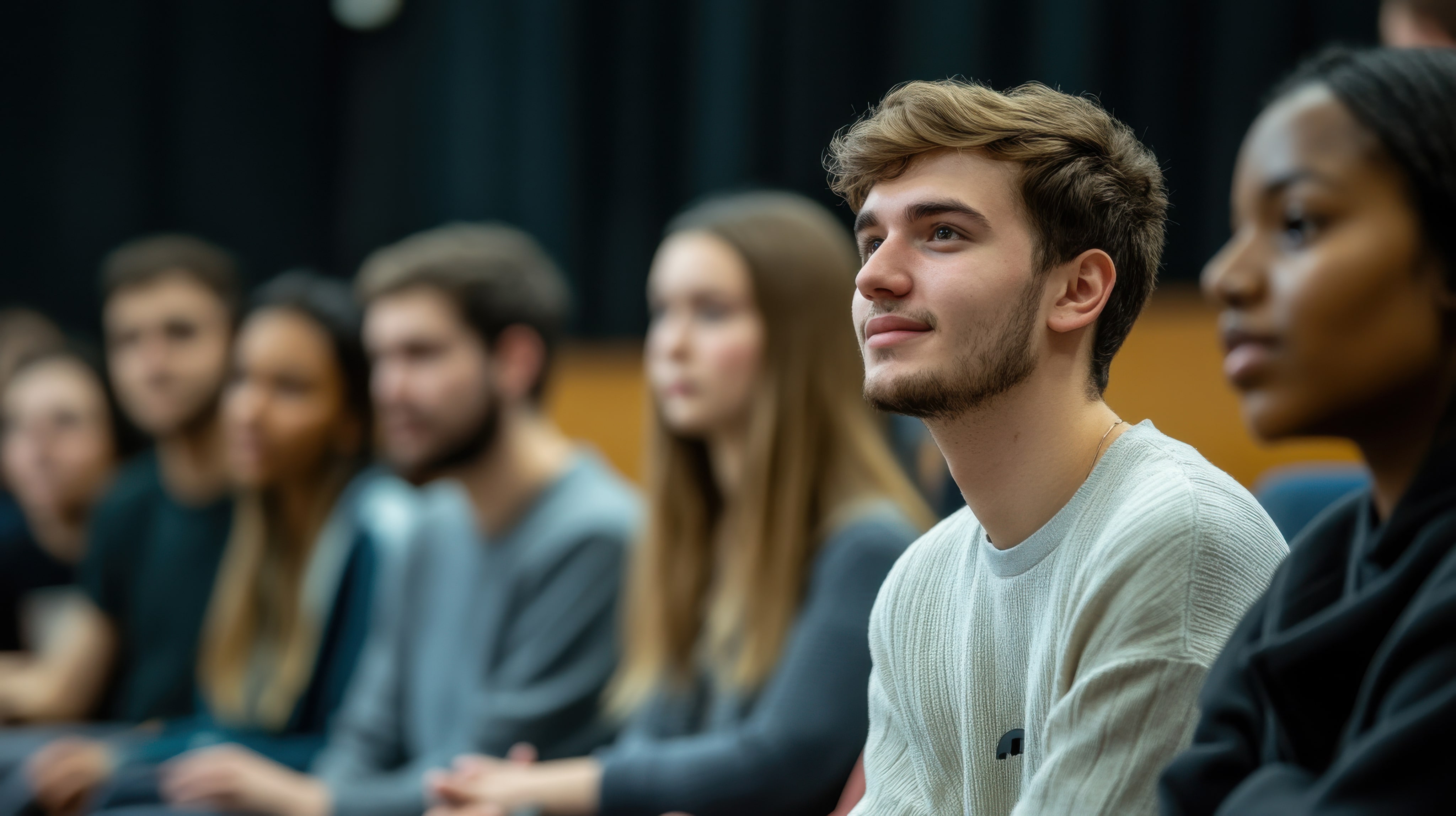 A group of people sitting in a lecture hall.