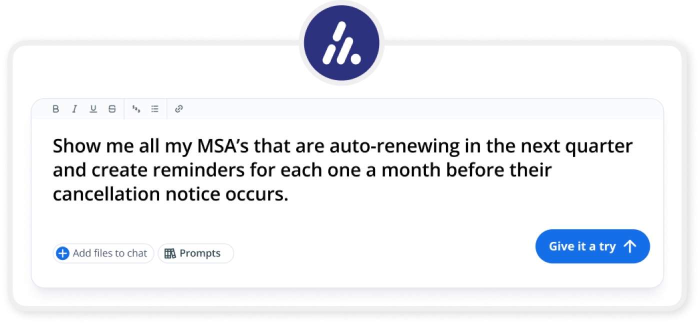 An Aline prompt reading: show me all my MSAs that are auto-renewing in the next quarter and create reminders for each one a month before their cancellation notice occurs.