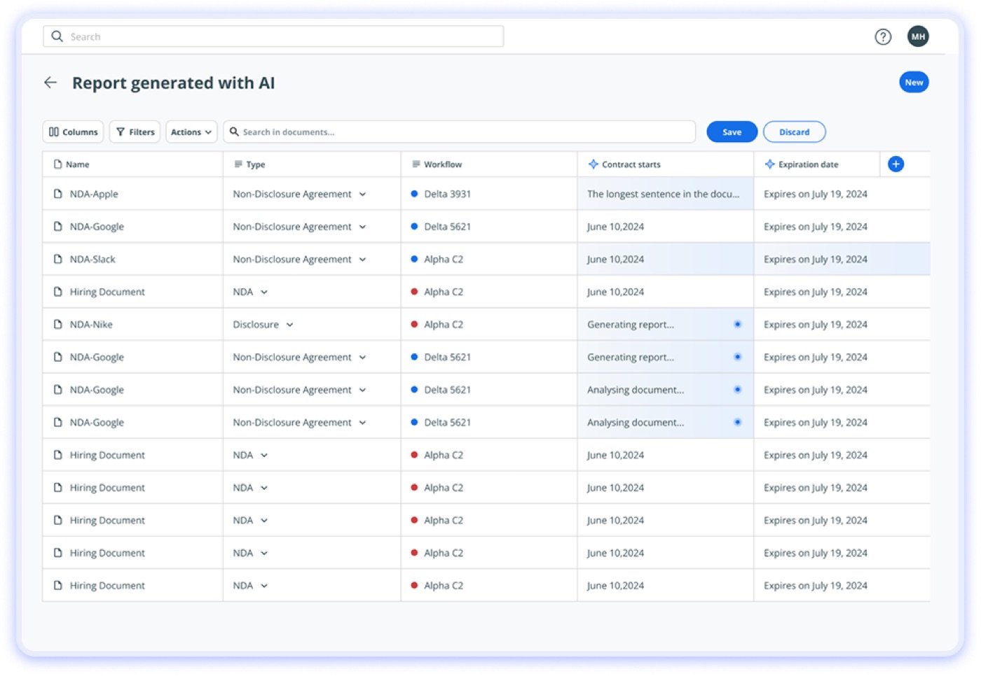 The resulting Aline report, generated with AI: a grid of agreements with type, workflow, contract start and expiration date.