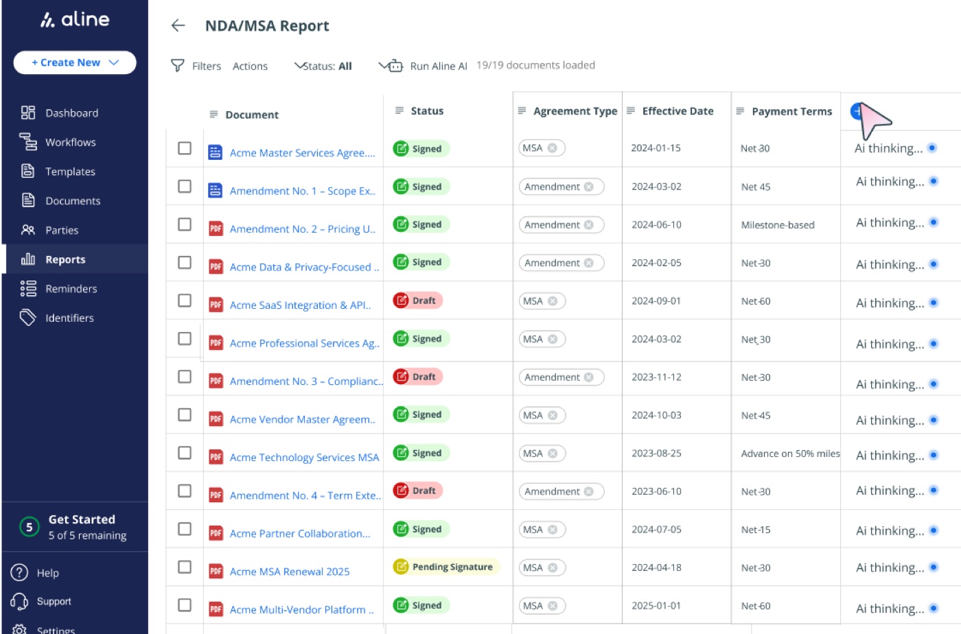 An Aline report across a contract portfolio, showing status, agreement type, effective date and payment terms.