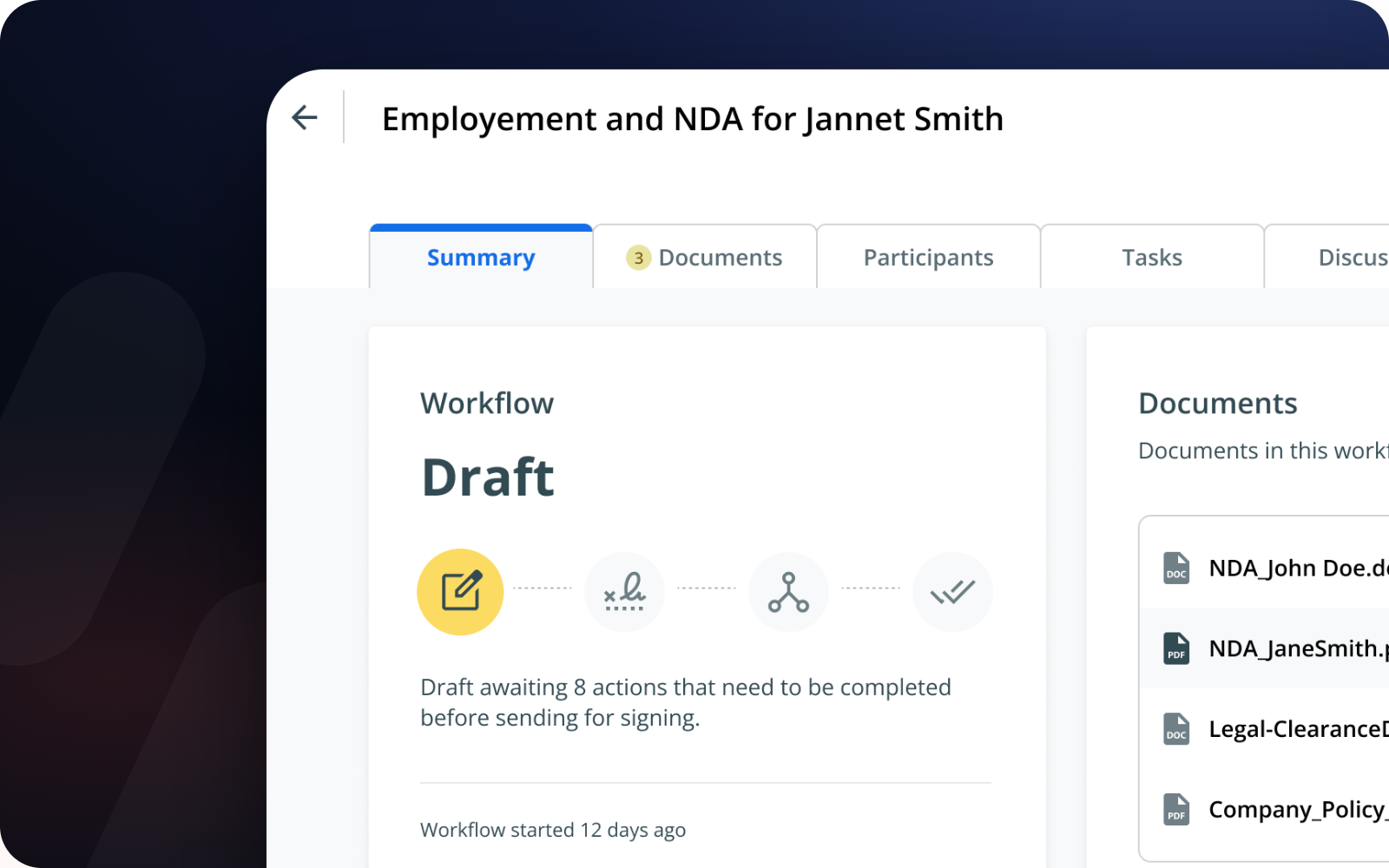 Aline contract request for an employment agreement and NDA, with workflow status, documents, and participants in one view