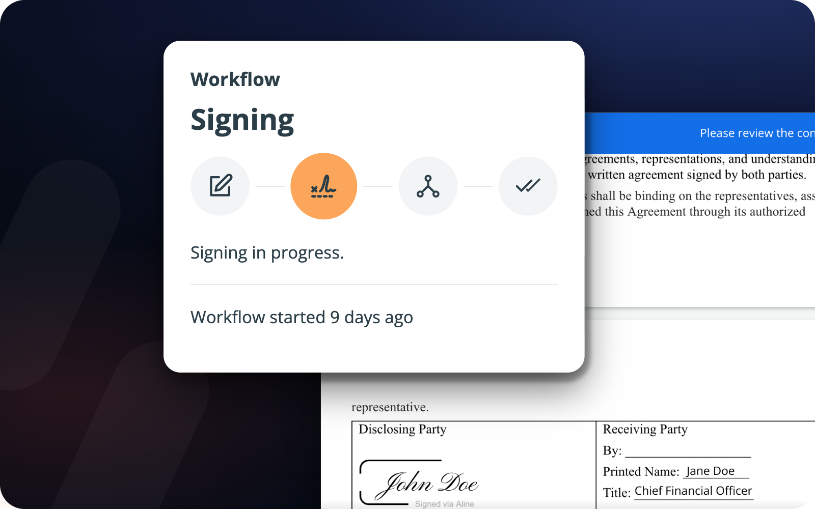 Aline signing workflow in progress over an agreement signed with AlineSign