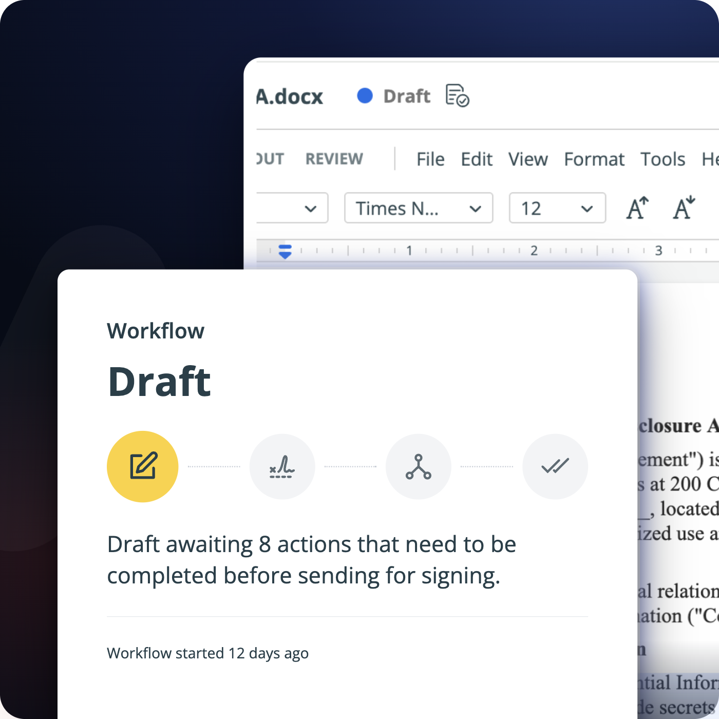 Aline contract workflow in the draft stage, shown over an NDA being edited