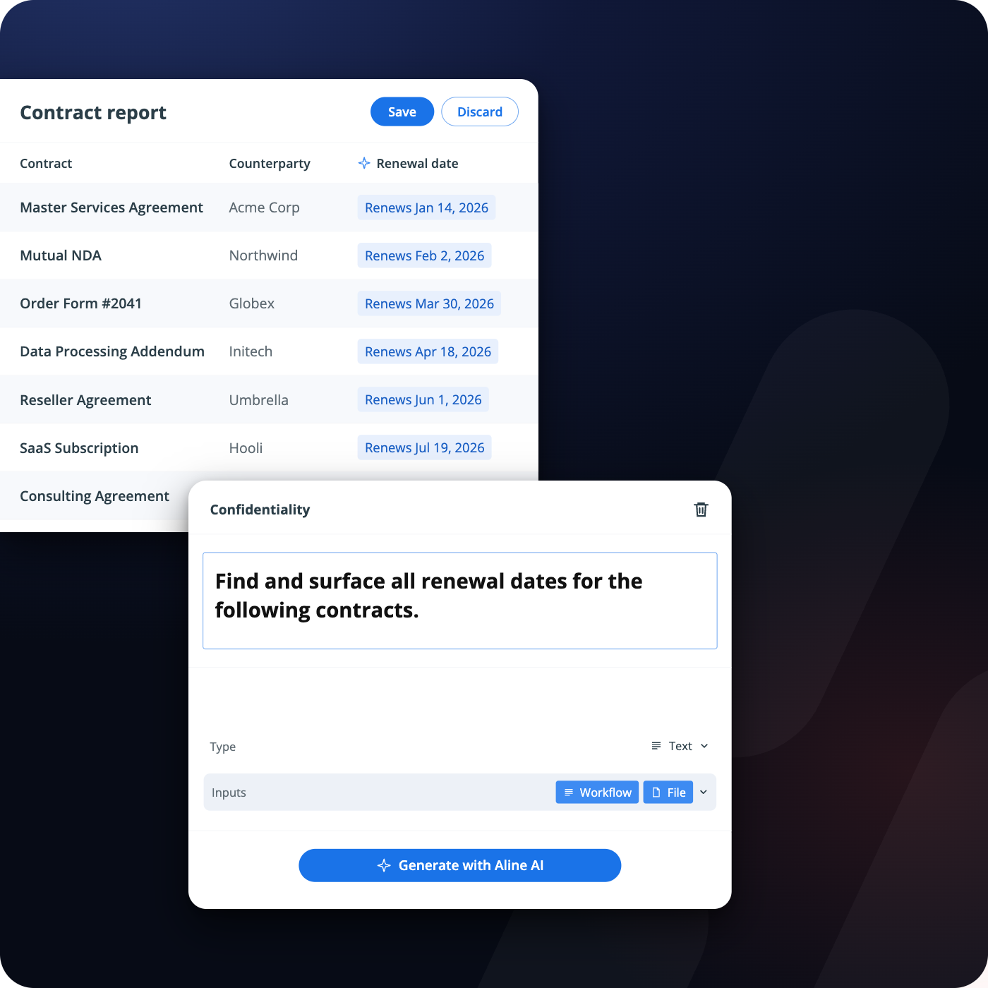 Aline contract report surfacing renewal dates across agreements from a single AI prompt