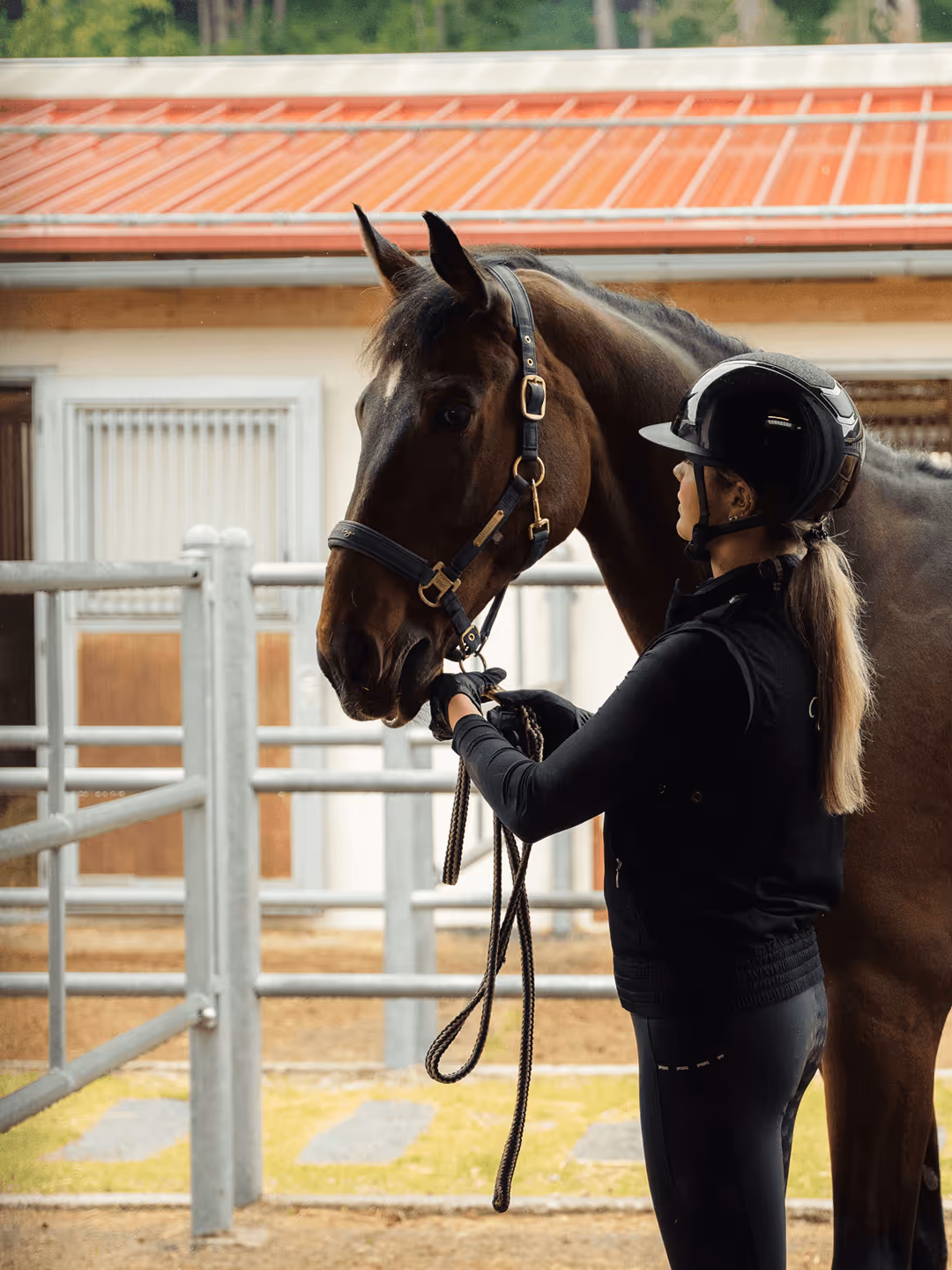Reiterin mit Pferd am Stall – Vorbereitung für Training oder Kursstart