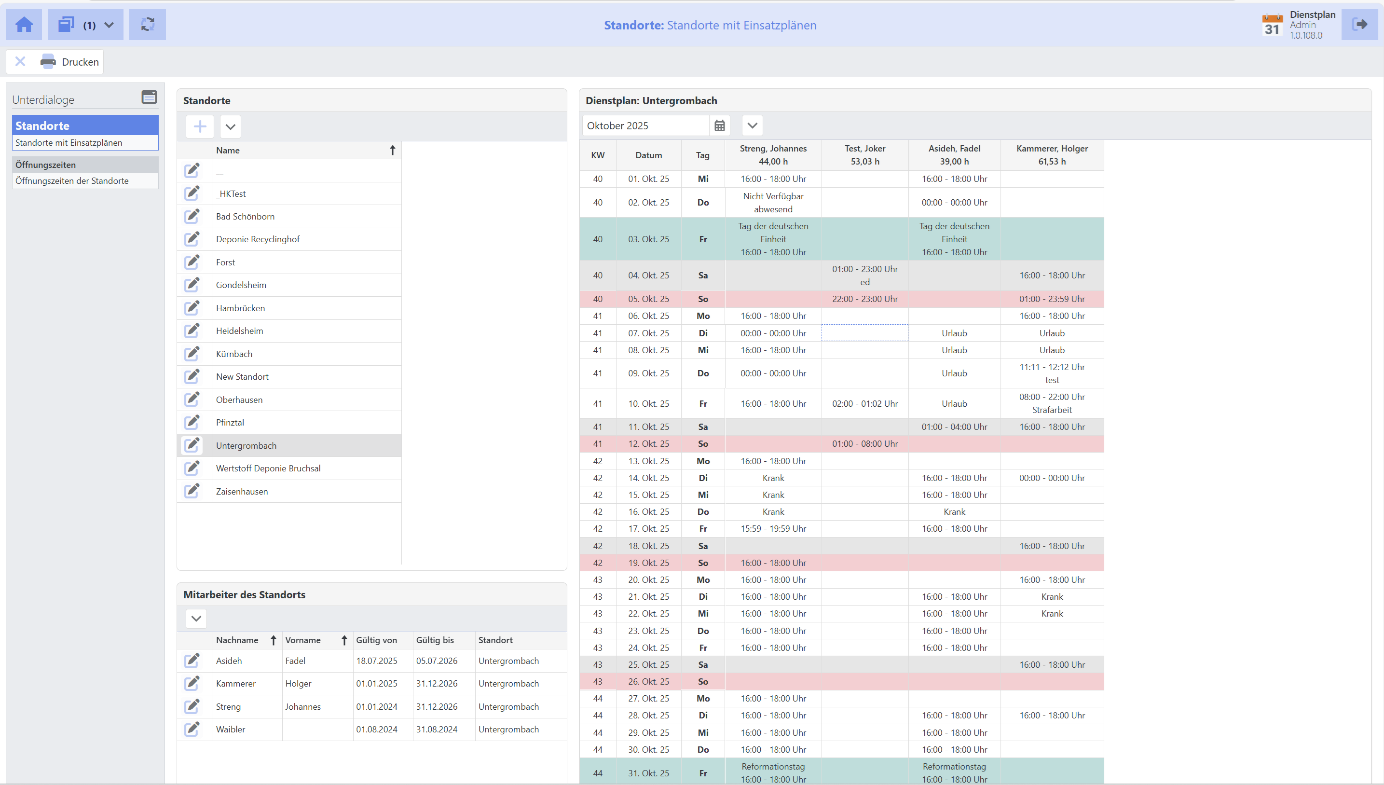 Einsatzplan für Minijob- und Teilzeit-Kräfte an verschiedenen Standorten.