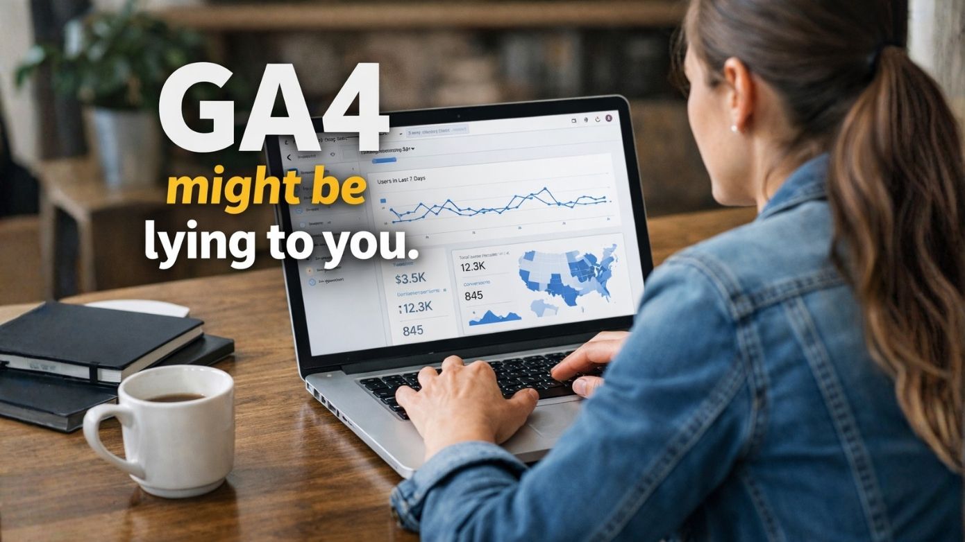 A marketing professional analysing data from Google Analytics 4.