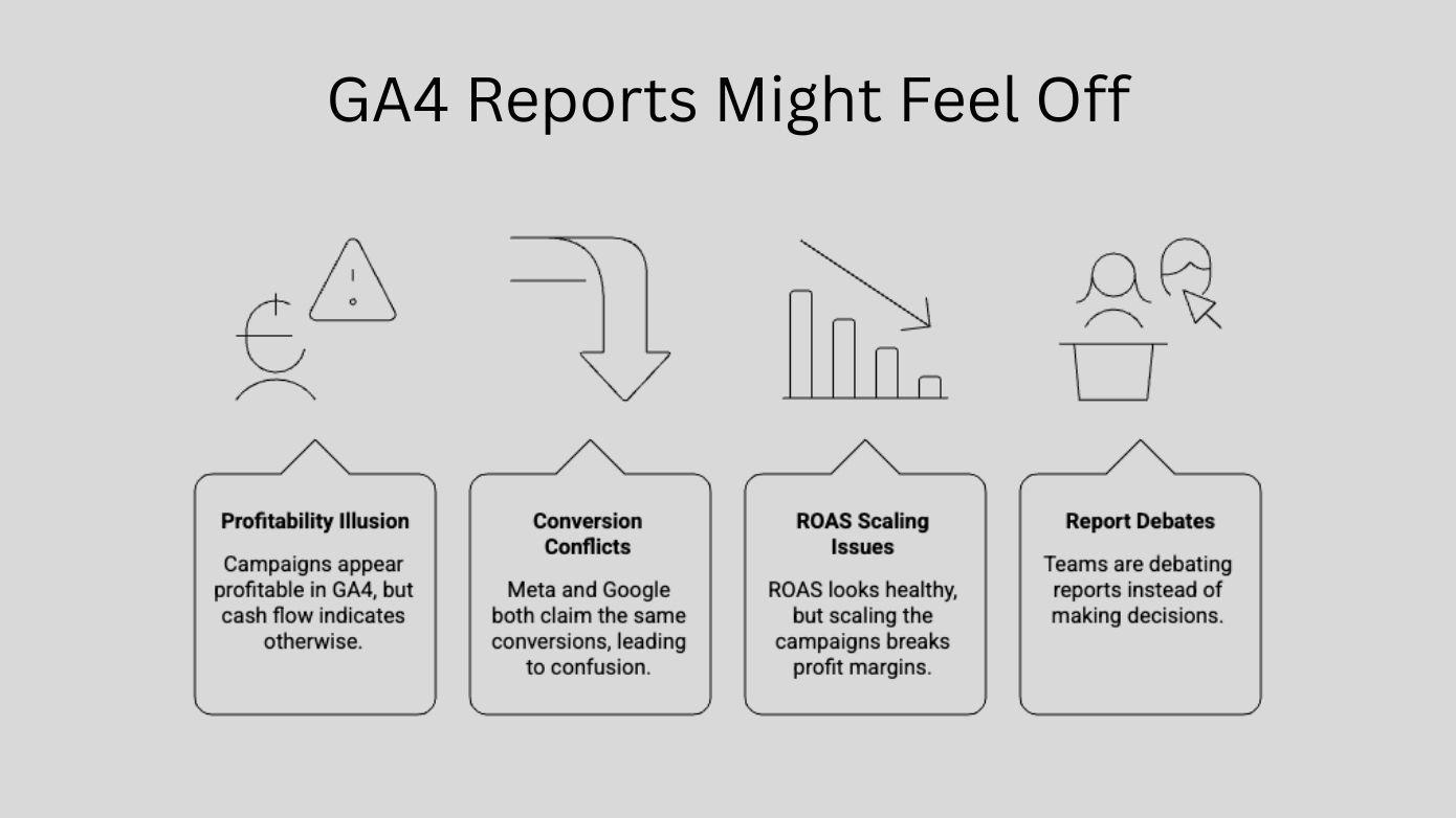 Infographic showing discrepancies with GA4 data and why it isn't reliable for many D2C brands. 
