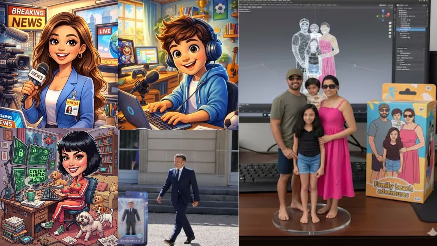  Different examples of ChatGPT caricature and Gemini Nano banana trends. 