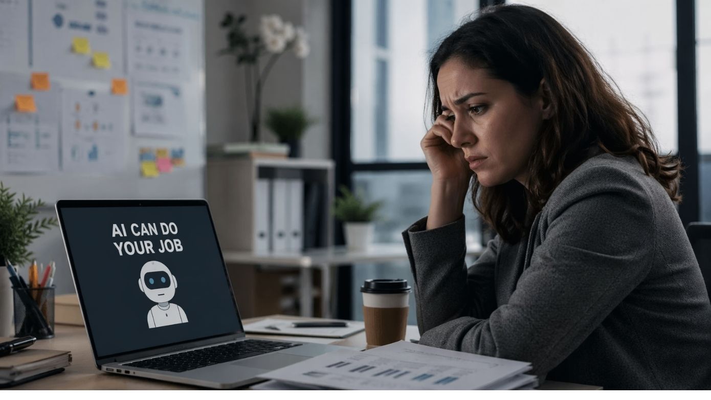 Image showing a working professional scared of losing her job to AI. 