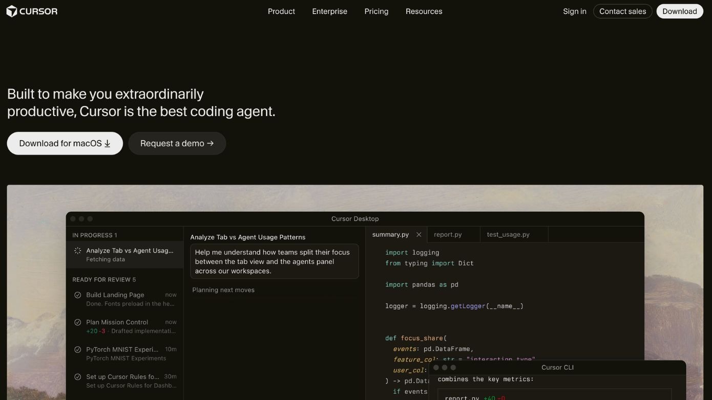 Cursor AI code editor for writing, debugging, and refactoring software with AI assistance.