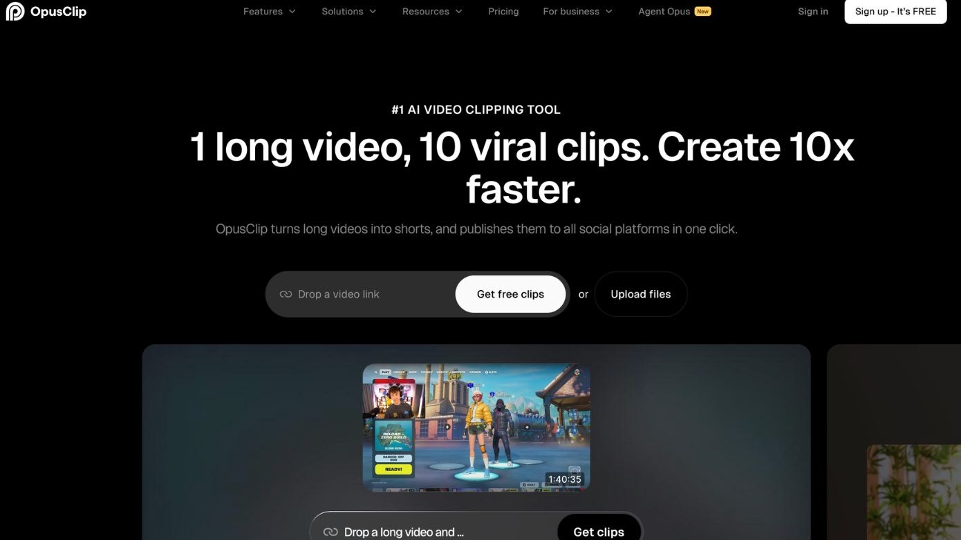  Opus Clip AI video editing tool for turning long videos into short social media clips.