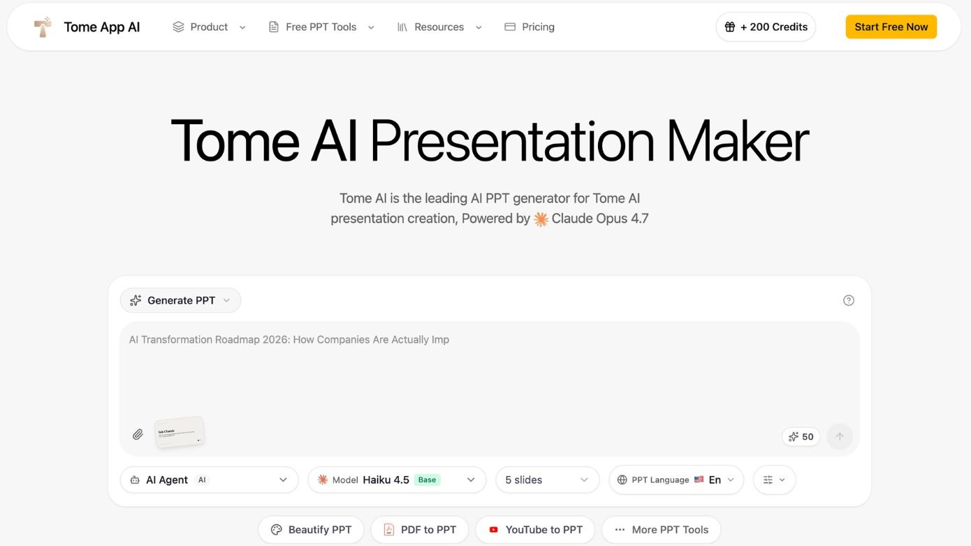  Tome AI presentation tool for creating slide decks, pitch decks, and visual stories.