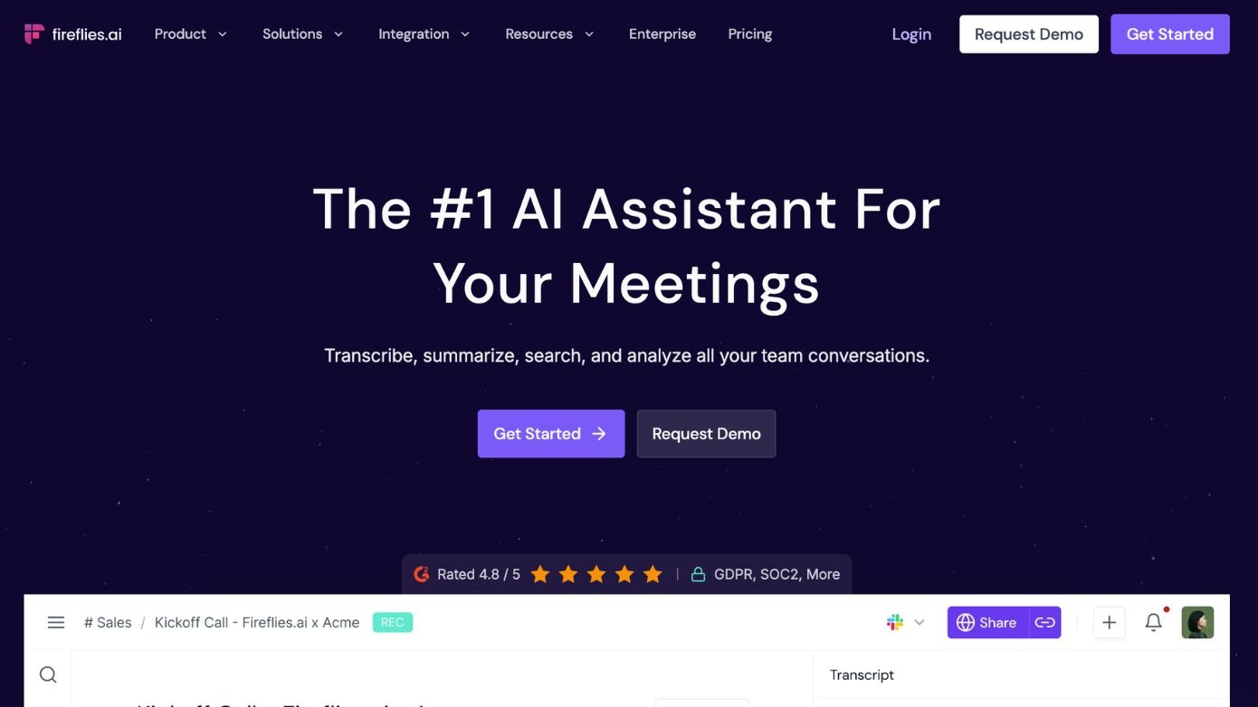 Fireflies.ai meeting assistant for AI transcription, meeting summaries, and action item tracking.