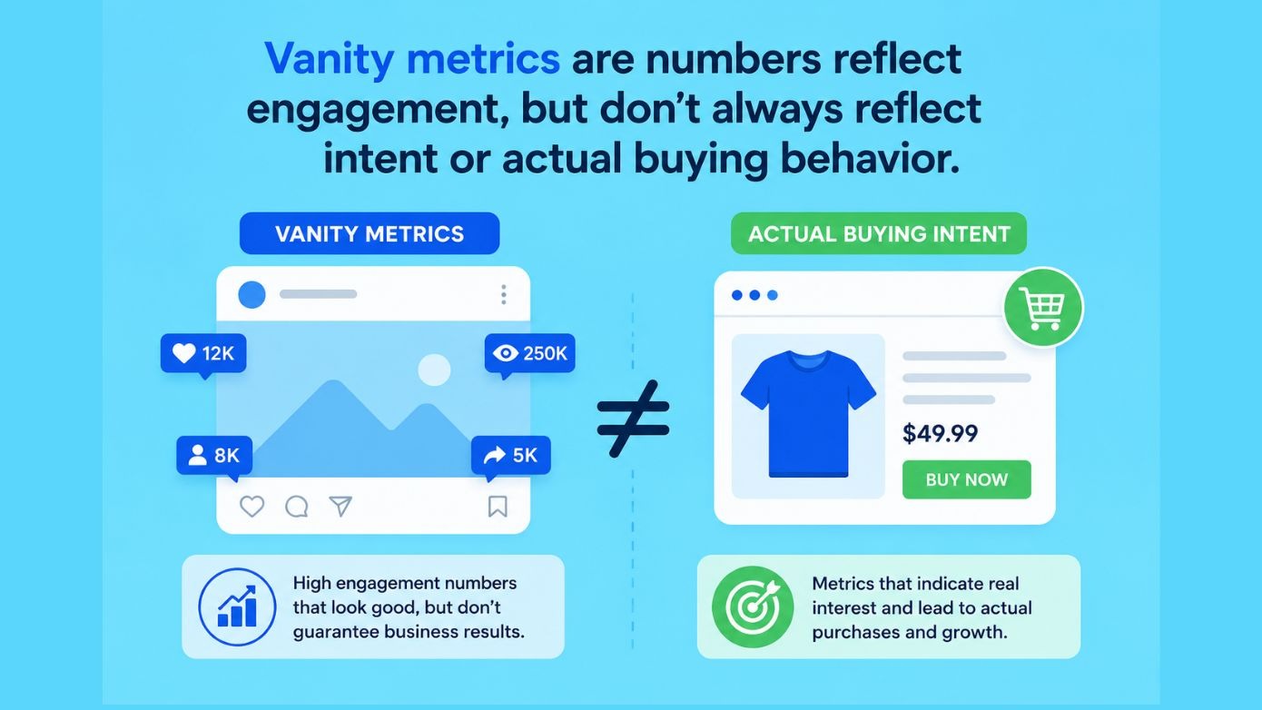  Vanity metrics infographic showing engagement numbers versus real buying intent. ‍