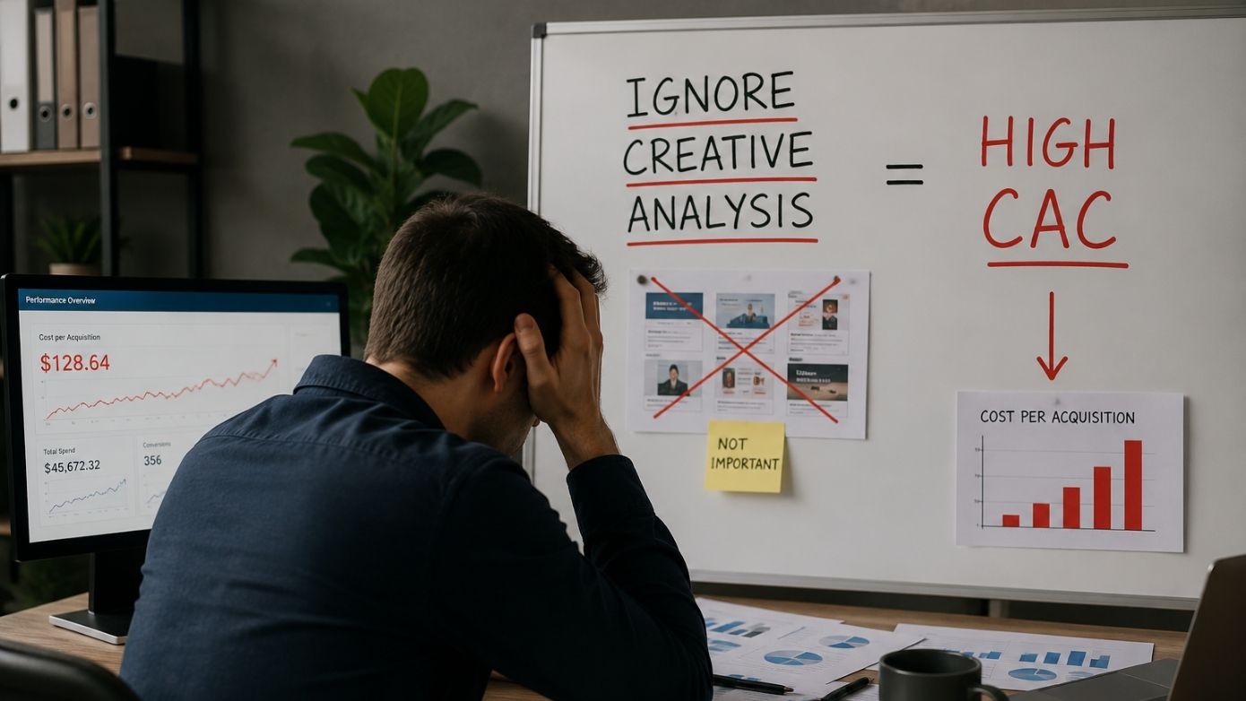 Marketer analyzing rising customer acquisition cost caused by poor ad creative performance.