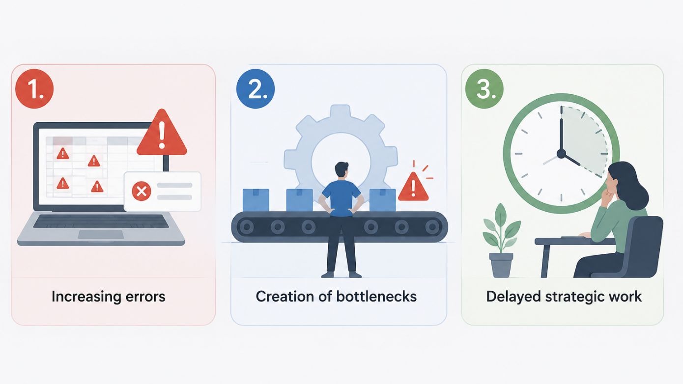 Infographic visually describing major problems with manual reporting and work processes via vectors of laptop with error alerts, an employee stuck during a process and another employee wasting time during tasks with a big clock in the background.