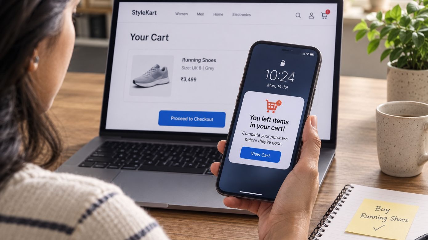 A real image of a customer holding a phone with an abandoned cart notification, with a laptop in the background showing an online shopping website.