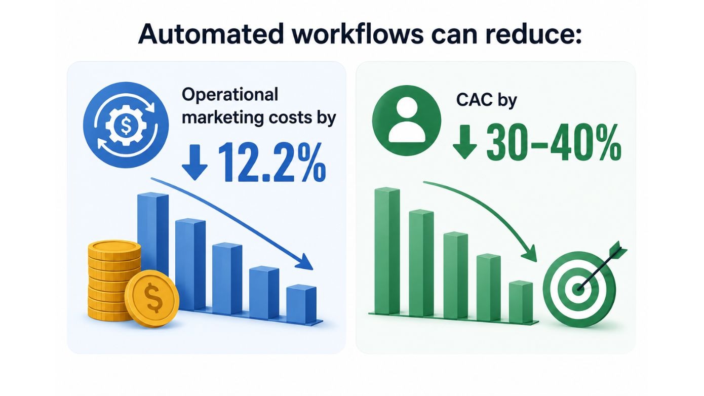 Infographic showing automated workflows reduce operational marketing costs by 12.2%and CAC by 30-40% via 3D graphs and vectors of a dartboard and stacked coins.