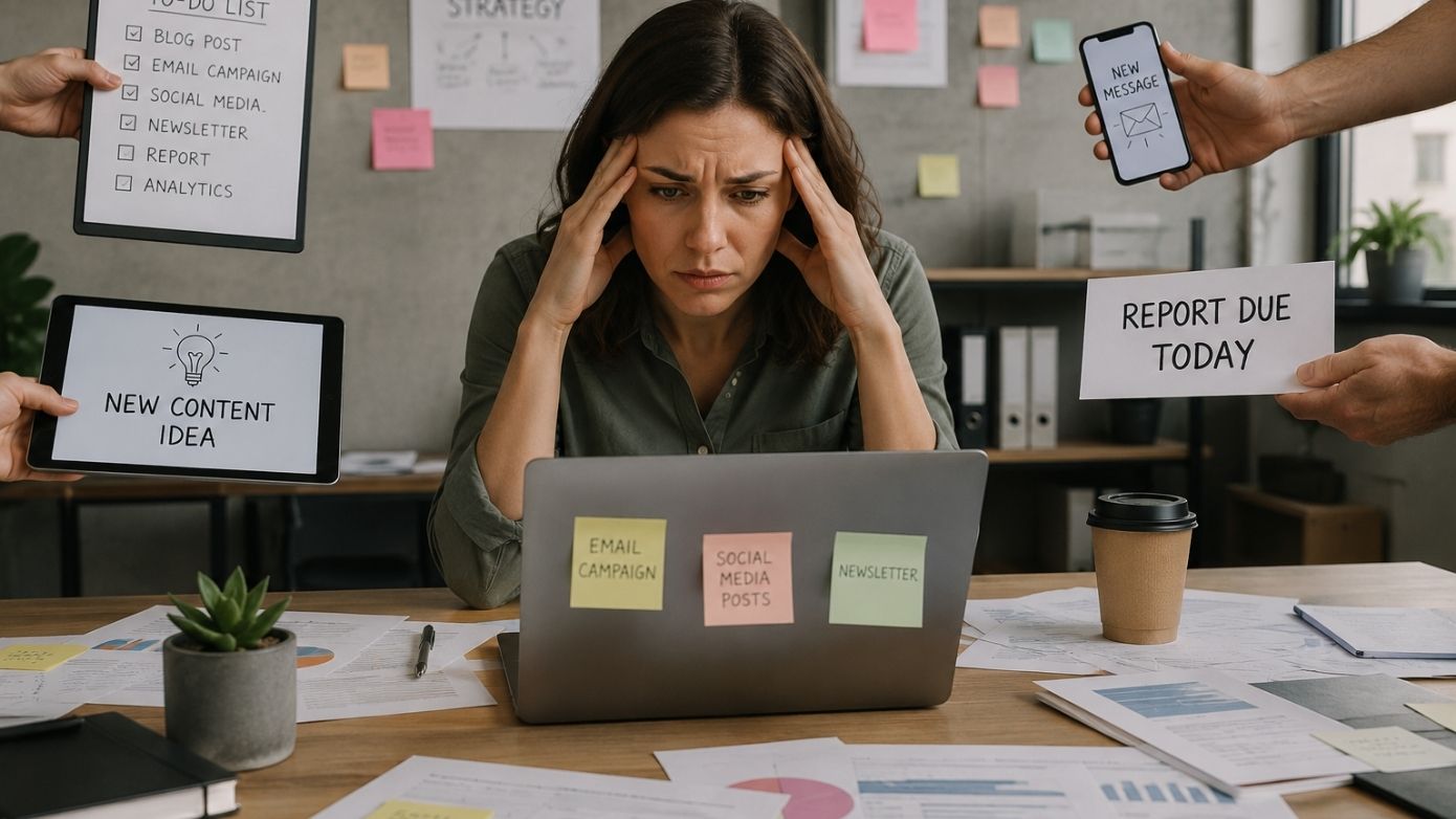  An image of a female employee seeming stressed and overwhelmed due to  manual work with four hands holding various work related tasks written on papers.