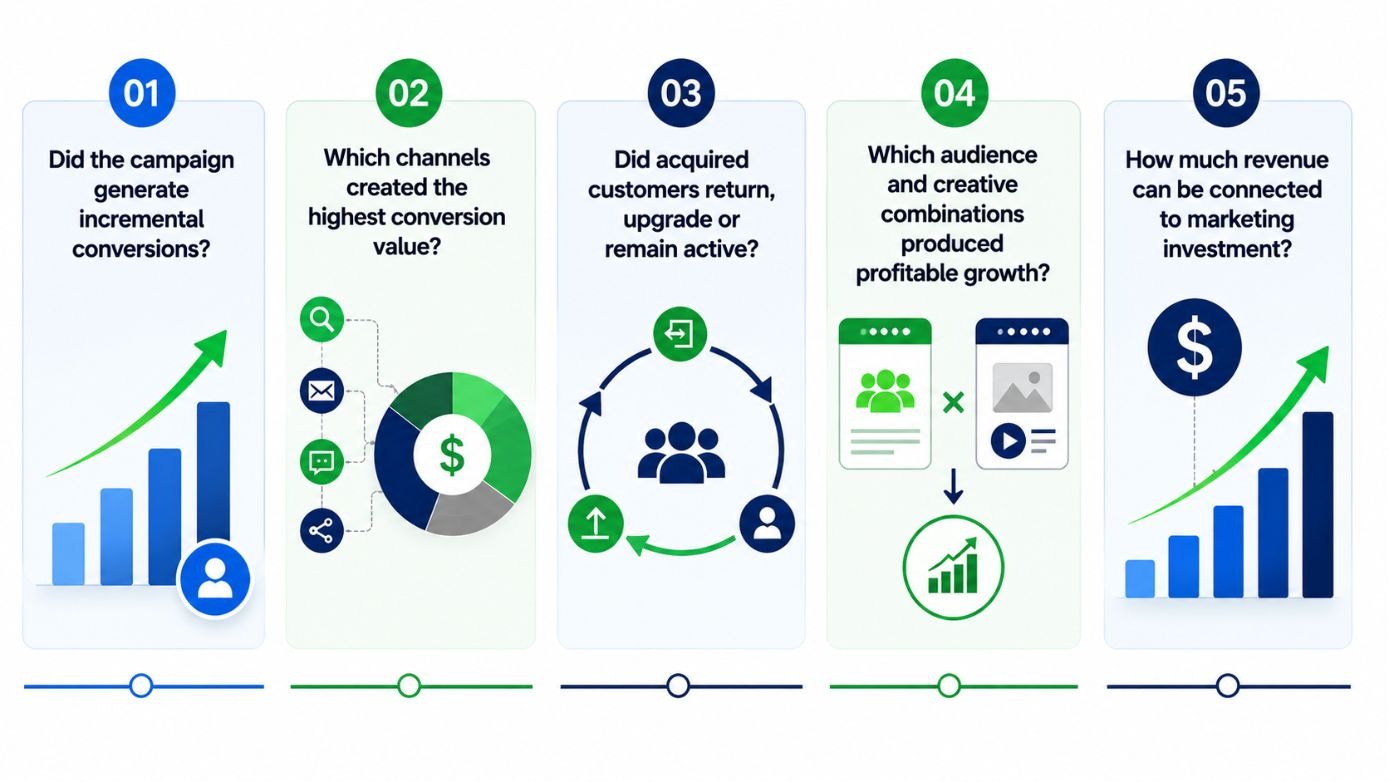  Marketing performance infographic showing five questions for measuring incremental conversions, channel conversion value, customer retention, profitable audience-creative combinations, and revenue attribution.