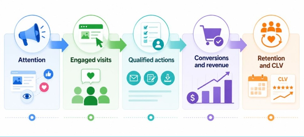 Horizontal marketing funnel infographic illustrating the customer journey from attention and engaged visits to qualified actions, conversions and revenue, and long-term retention with customer lifetime value (CLV). The flow chart highlights how each stage contributes to sustainable business growth and improved marketing performance