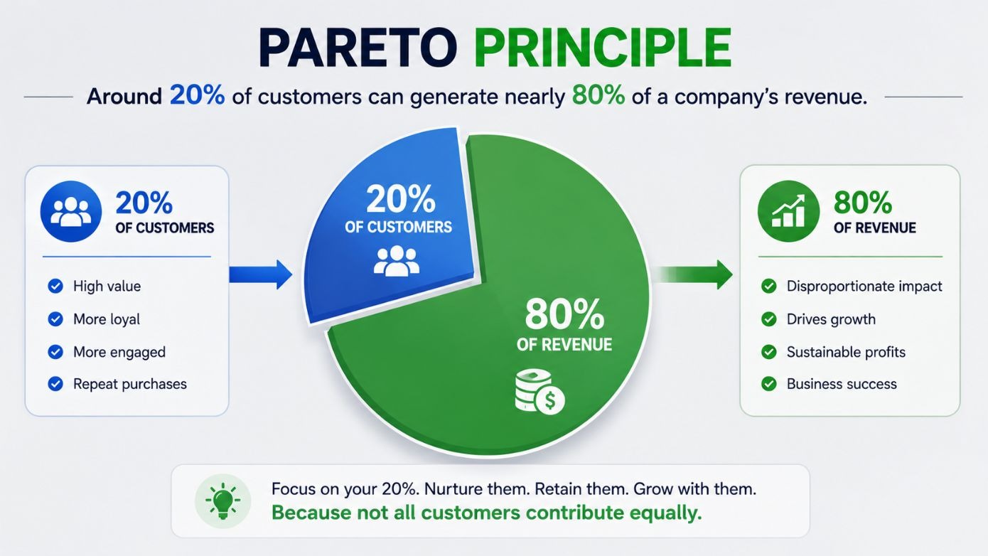  Horizontal Pareto Principle infographic explaining how around 20 percent of customers can generate nearly 80 percent of a company’s revenue. A large blue and green pie chart visually compares the 20 percent high value customer segment with its 80 percent revenue contribution. Supporting sections highlight characteristics such as loyalty engagement and repeat purchases and show how focusing on valuable customers can drive sustainable profits, business growth, and long term success.