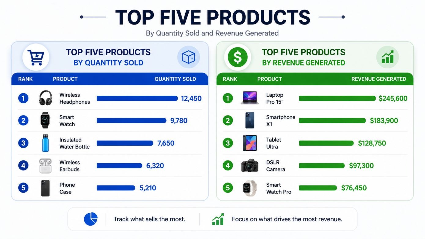 Horizontal dashboard-style infographic titled Top Five Products by Quantity Sold and Revenue Generated. The layout is divided into two sections for comparing product performance. The left blue panel ranks the five best-selling products by units sold, using product images, horizontal bars, and quantity figures to show relative sales volume. The right green panel ranks the five highest-performing products by total revenue generated, displaying product images, proportional bars, and revenue amounts. The infographic demonstrates that products selling the highest quantity are not necessarily the products generating the most revenue, helping marketers and businesses distinguish between sales volume and actual revenue contribution when evaluating product performance.
