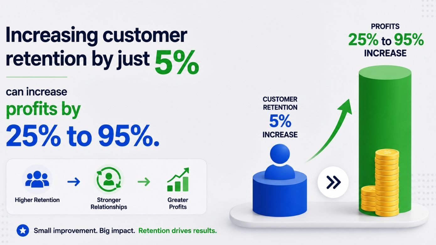 Horizontal business infographic illustrating the impact of customer retention on profitability. Large text states that increasing customer retention by just 5 percent can increase profits by 25 percent to 95 percent. A visual comparison shows a blue customer retention figure representing a 5 percent increase connected by an upward green arrow to a much taller green profit column representing a 25 to 95 percent increase. Stacks of gold coins reinforce the financial impact. Supporting icons illustrate the progression from higher customer retention to stronger customer relationships and ultimately greater profits, emphasizing how a relatively small improvement in retention can create a significant impact on business growth and profitability.