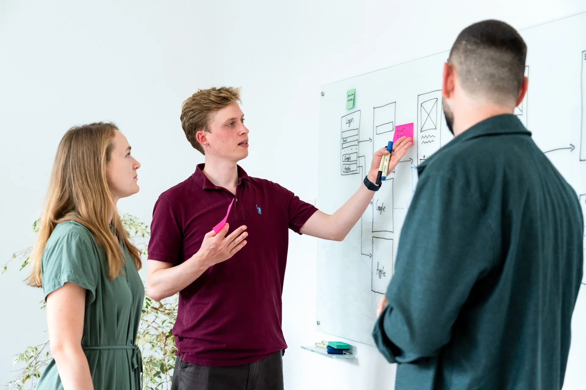 Drei Personen diskutieren vor einem Whiteboard mit skizzierten Webseitendesigns und Haftnotizen.