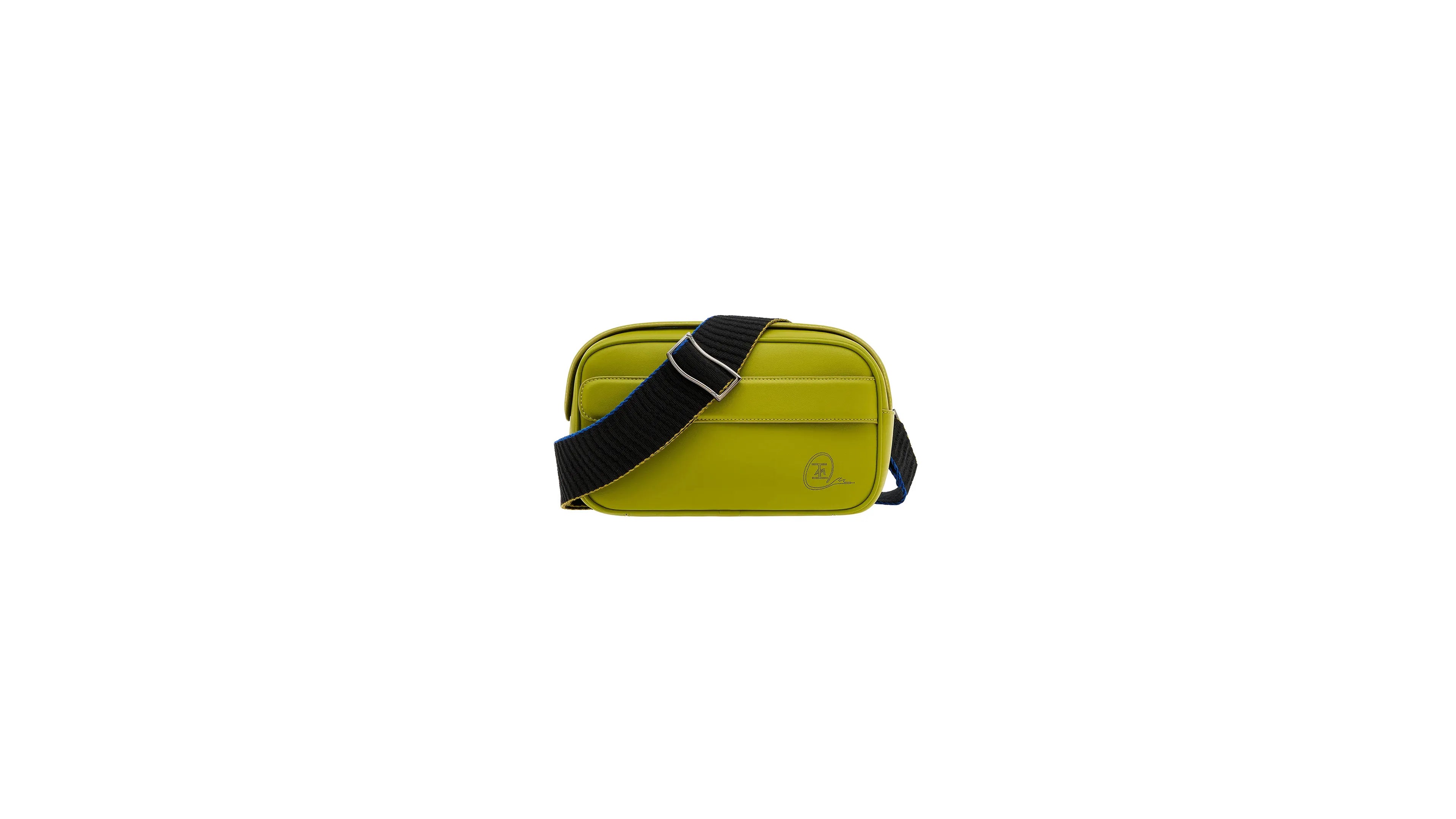 Yellow crossbody bag with a black strap on a white background