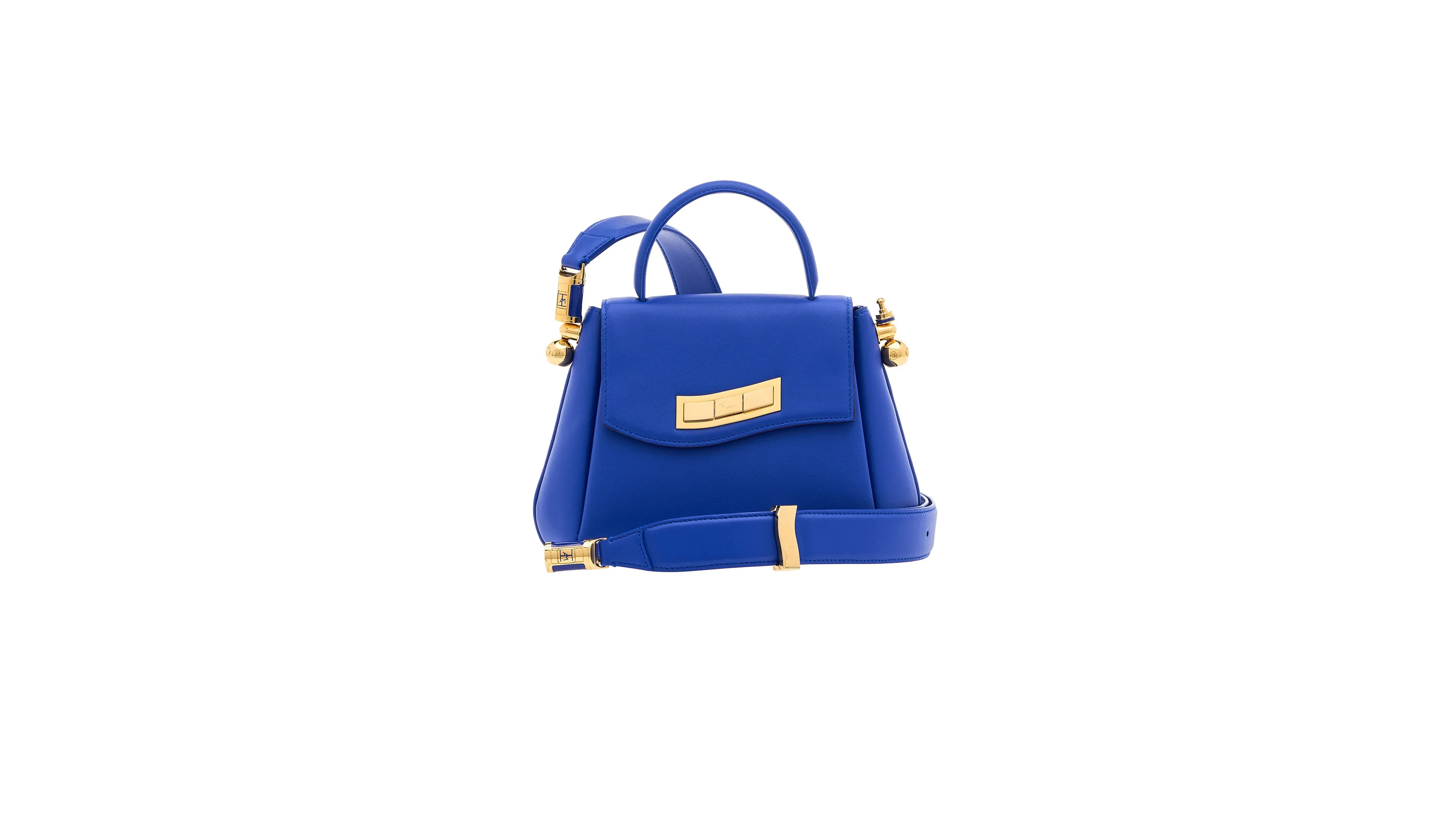 Blue handbag with gold accents on a white background