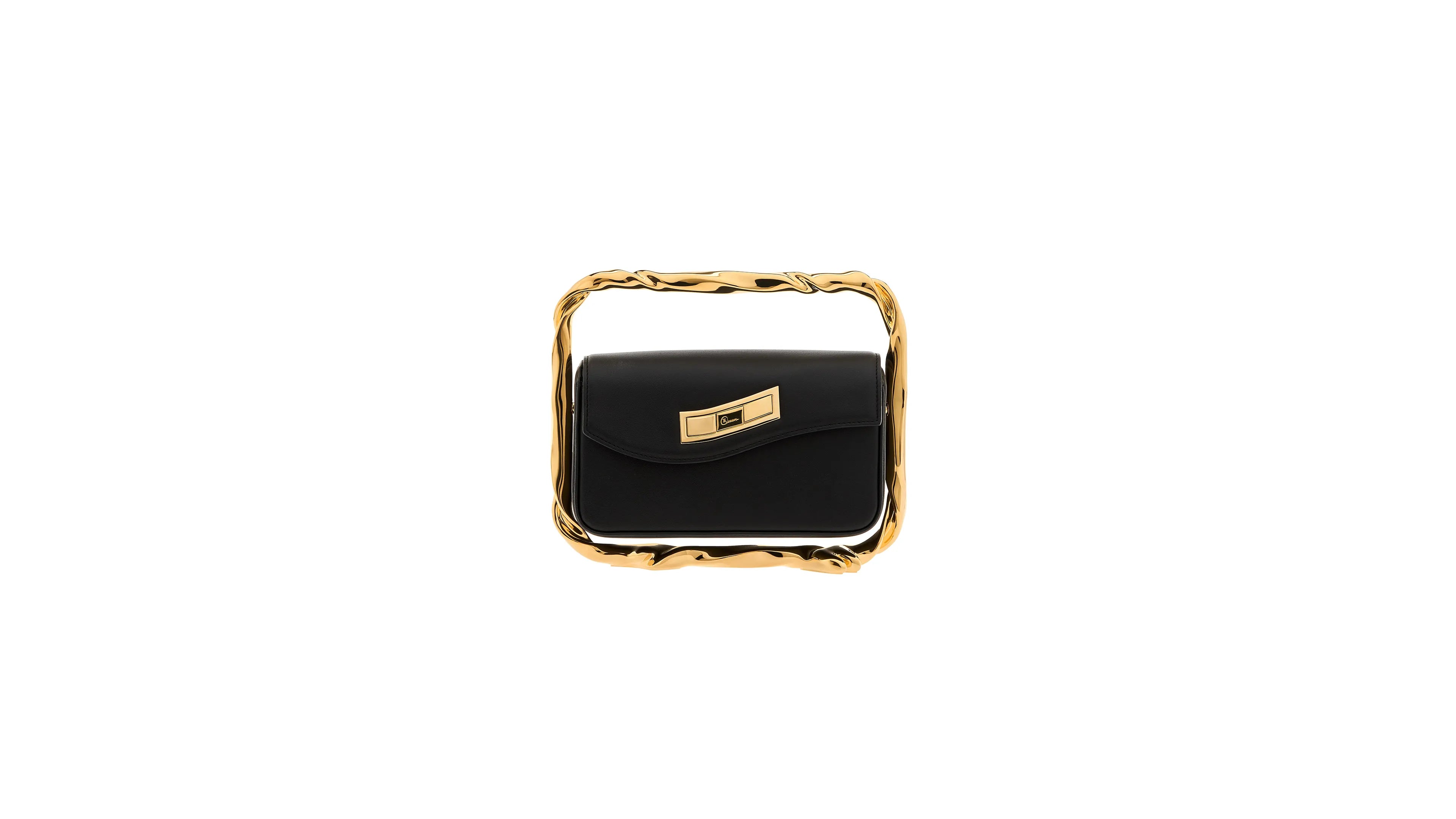 Black handbag with gold accents on a white background