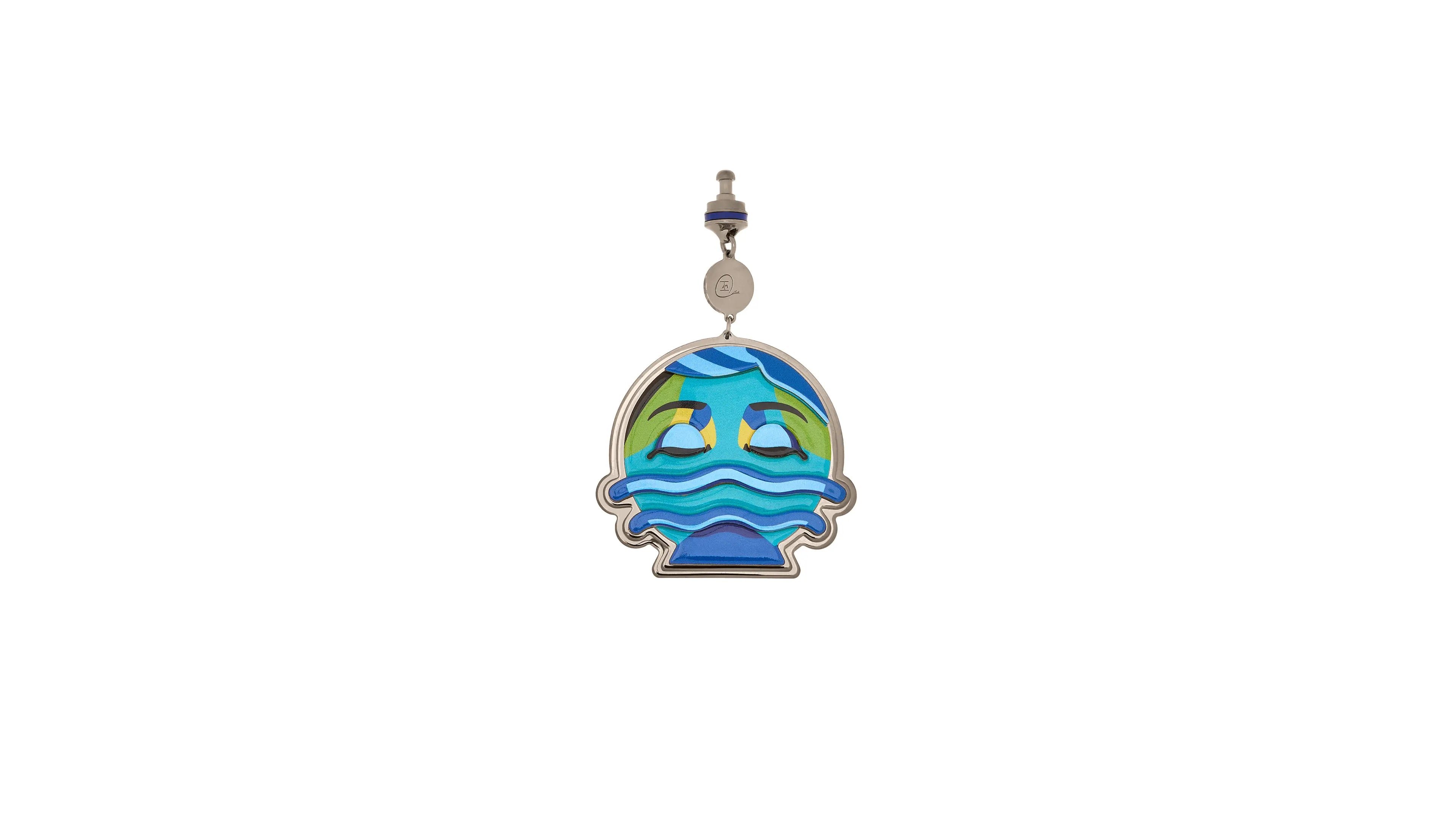 Decorative pendant with blue and green design on a white background