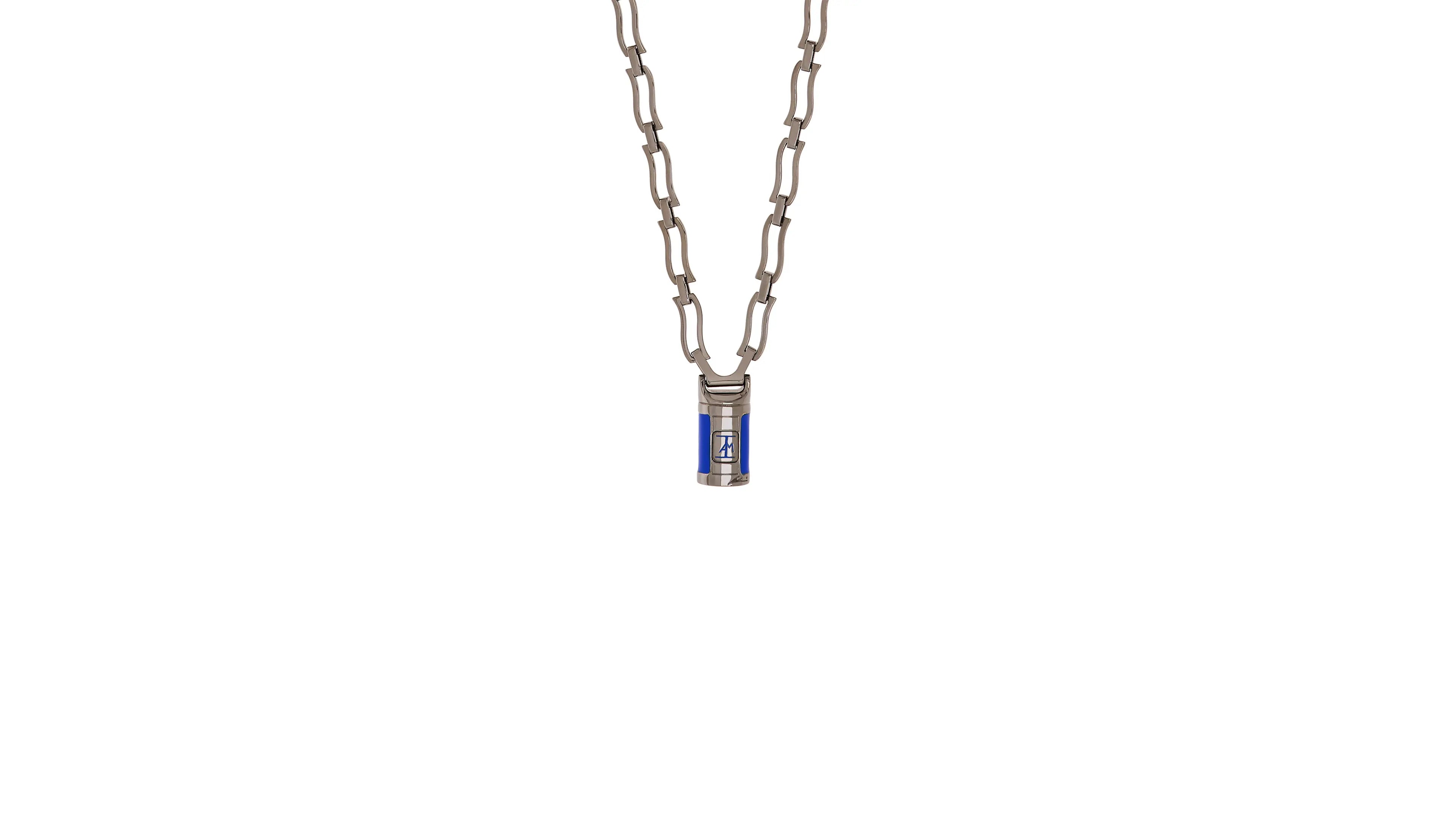 Silver necklace with a cylindrical pendant on a white background
