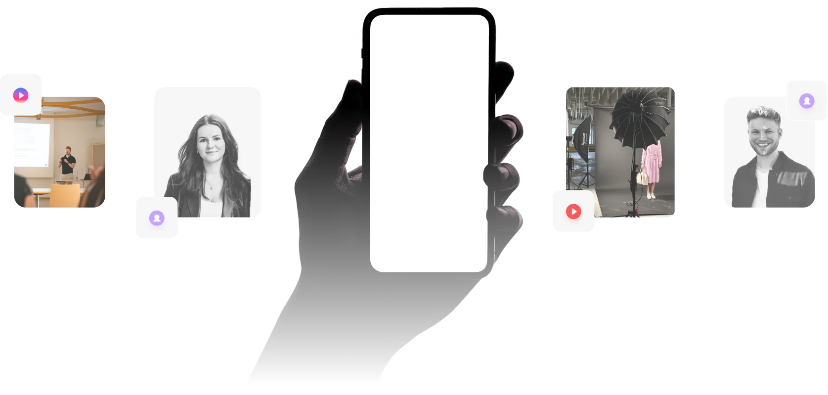 Silhouette einer Hand, die ein Smartphone hält, umgeben von vier Porträts und Bildern von Menschen und Technik.
