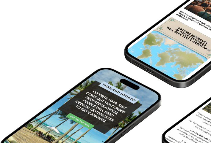 A collage of smartphones displaying cannabis tourism newsletter marketing materials.