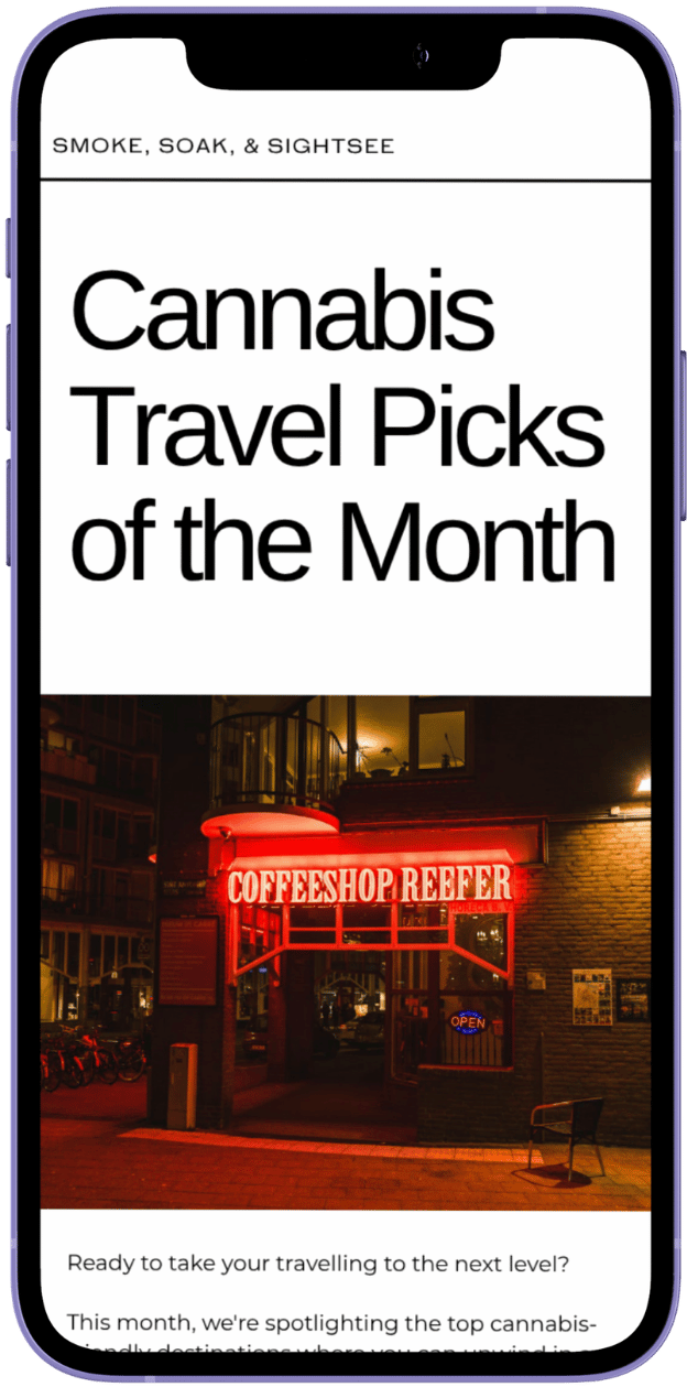 Smartphone screen showing a newsletter signup form with a cannabis store visible on the device.