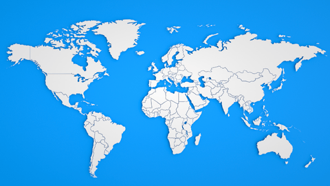 A minimalist white world map on a solid sky blue background