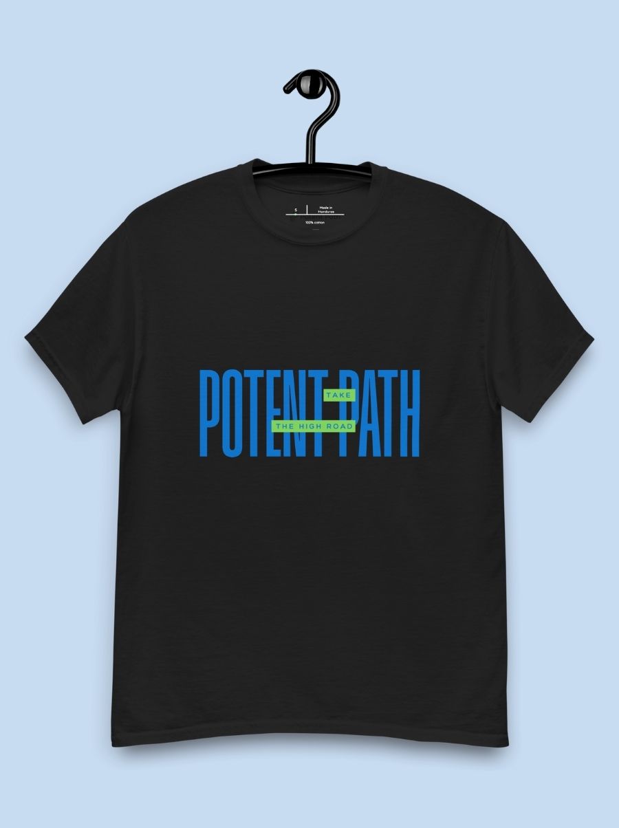A black T-shirt on a hanger in front of a blue background with the text "Potent Path" in bold blue letters and a small green phrase reading "Take the High Road" on the shirt's chest