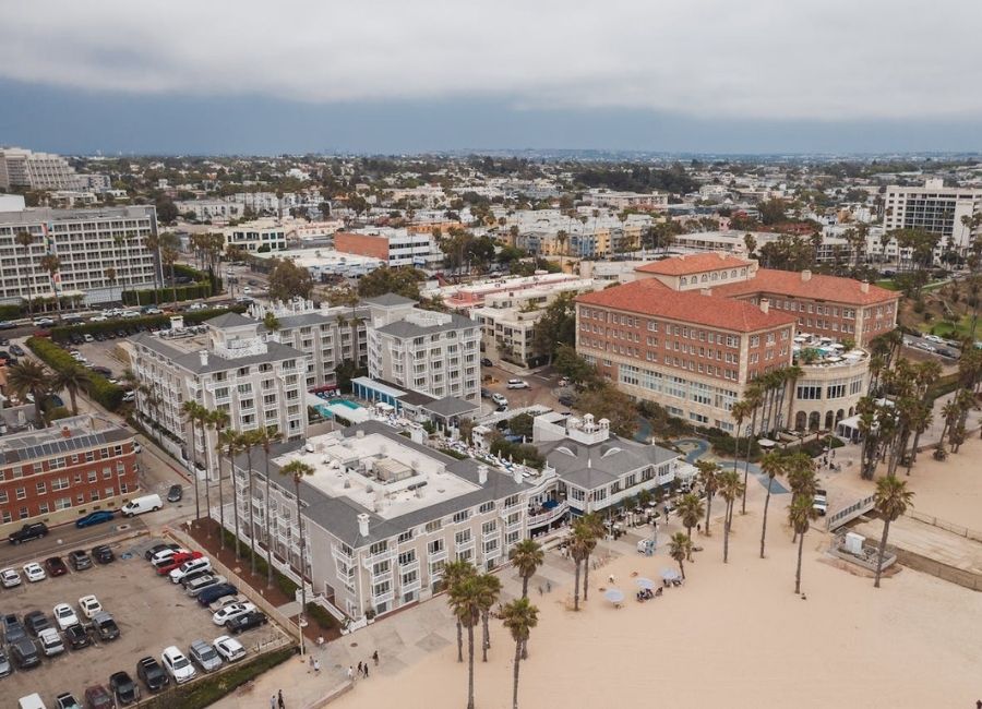 An aerial shot of hotel buildings on the Santa Monica Beach