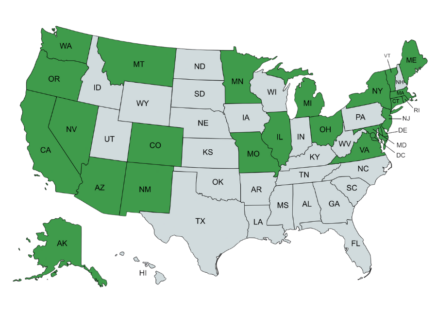 Map of the United States with the states where recreational cannabis is legal highlighted in green
