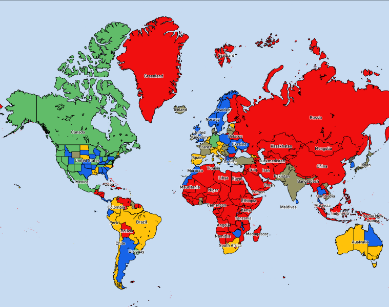 Map showing the legal status of cannabis in every country in the world, with each country color-coded to indicate where cannabis is legal, illegal, or decriminalized.