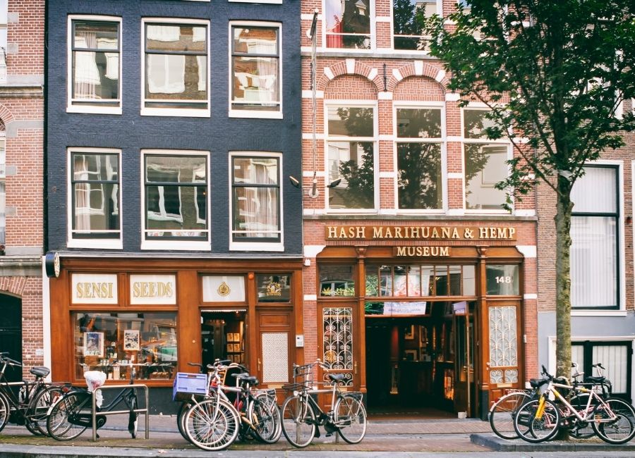 Exterior of the Hash Marihuana and Hemp Museum and Sensi Seeds shop in Amsterdam's historic canal district