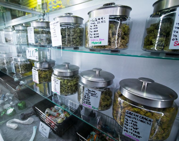 Clear glass jars of various cannabis strains on glass shelves inside a dispensary, labelled with strain names, THC levels, and prices