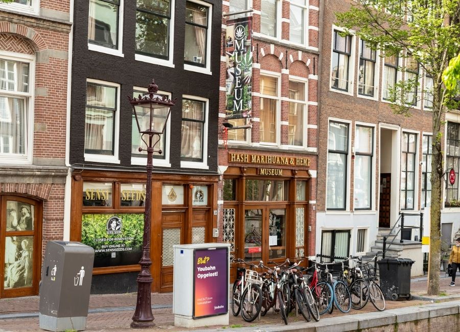 A canal-side view of a row of traditional Amsterdam buildings with bicycles along a stone wall, and the buildings house Sensi Seeds on the left and the Hash Marihuana & Hemp Museum on the right, with a vertical banner reading "MUSEUM" hanging from the upper story of the museum building.
